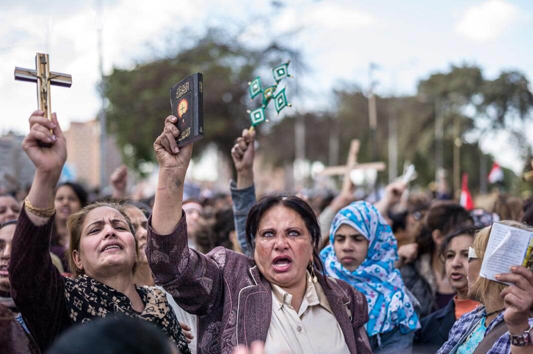 Arabischer Frühling, Kairo, Ägypten, Kopten demonstrieren vor dem staatlichen Fernsehn